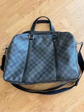 Men's Black Checkered Laptop Briefcase with Shoulder Strap
